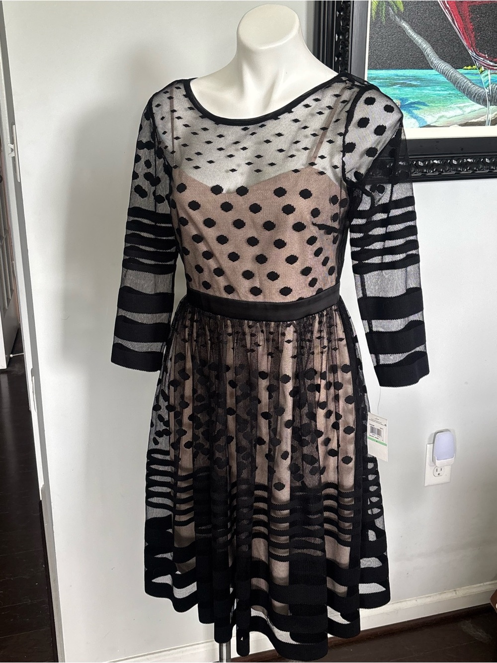 Muse Black Sheer Polka Dot and Striped Midi Dress with Nude Slip
